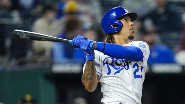 May 31, 2021; Kansas City, Missouri, USA; Kansas City Royals shortstop Adalberto Mondesi (27) hits a home run against the Pittsburgh Pirates during the fifth inning at Kauffman Stadium. Mandatory Credit: Jay Biggerstaff-USA TODAY Sports